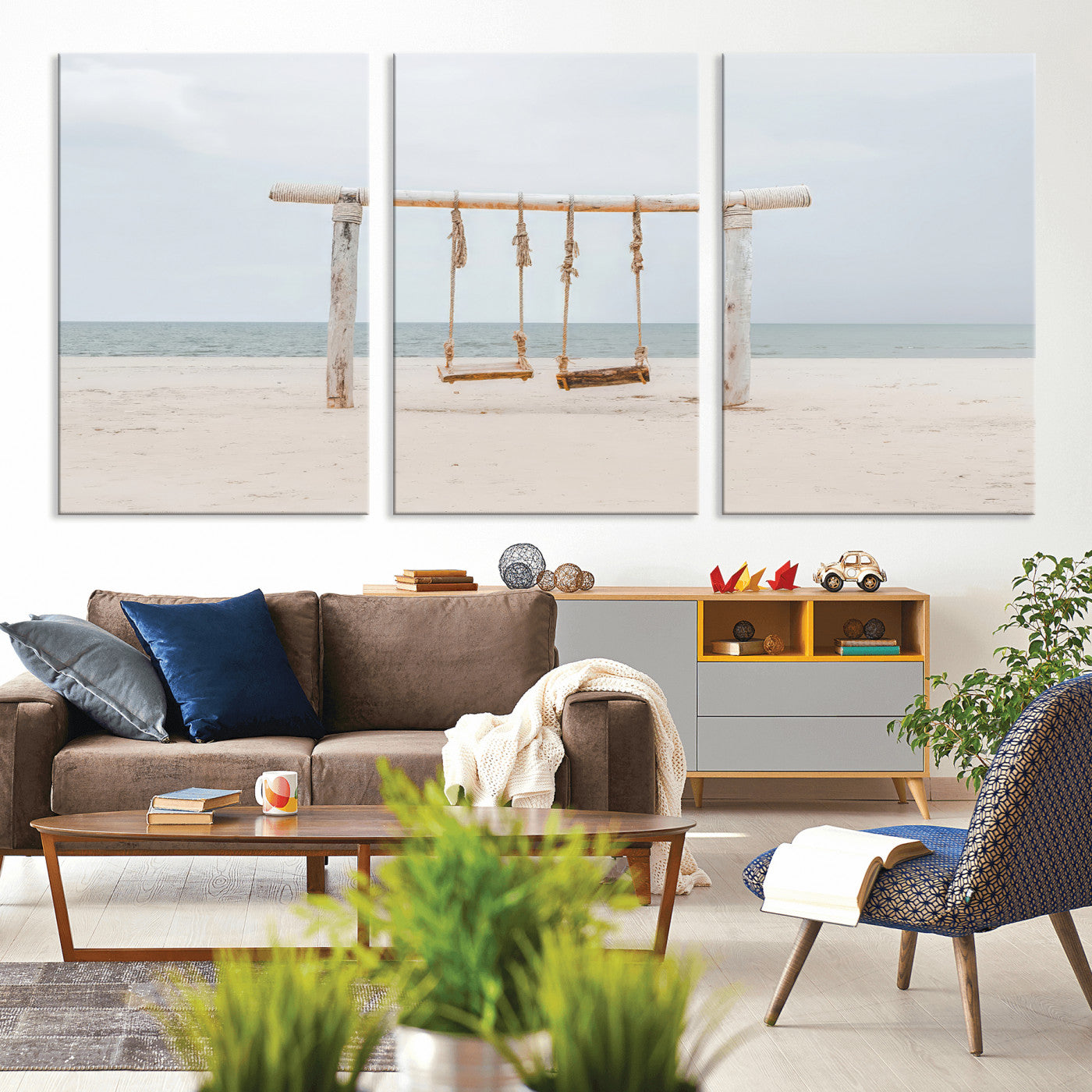 68327283-MGV-CV-36X24-Beach Swing Wall Art Canvas Print, Framed Quiet Beach Art Picture Print, Calm Shoreline Perfect Bohemian Coastal Decor Artwork