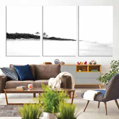29611516-MGV-CV-36X24-Black White Beach Wall Art Canvas Print, Framed Palm Trees Art Picture Print, Monochrome Tropical Perfect Minimalist Coastal Decor