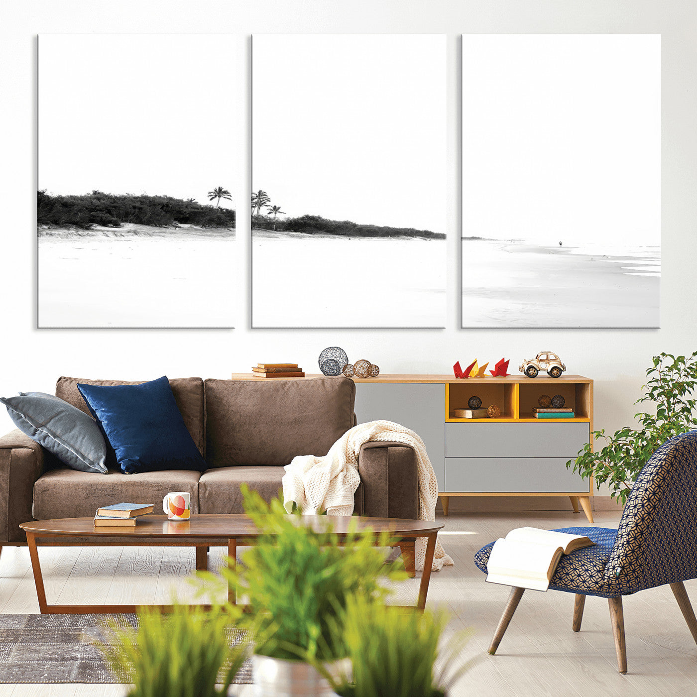 29611516-MGV-CV-36X24-Black White Beach Wall Art Canvas Print, Framed Palm Trees Art Picture Print, Monochrome Tropical Perfect Minimalist Coastal Decor