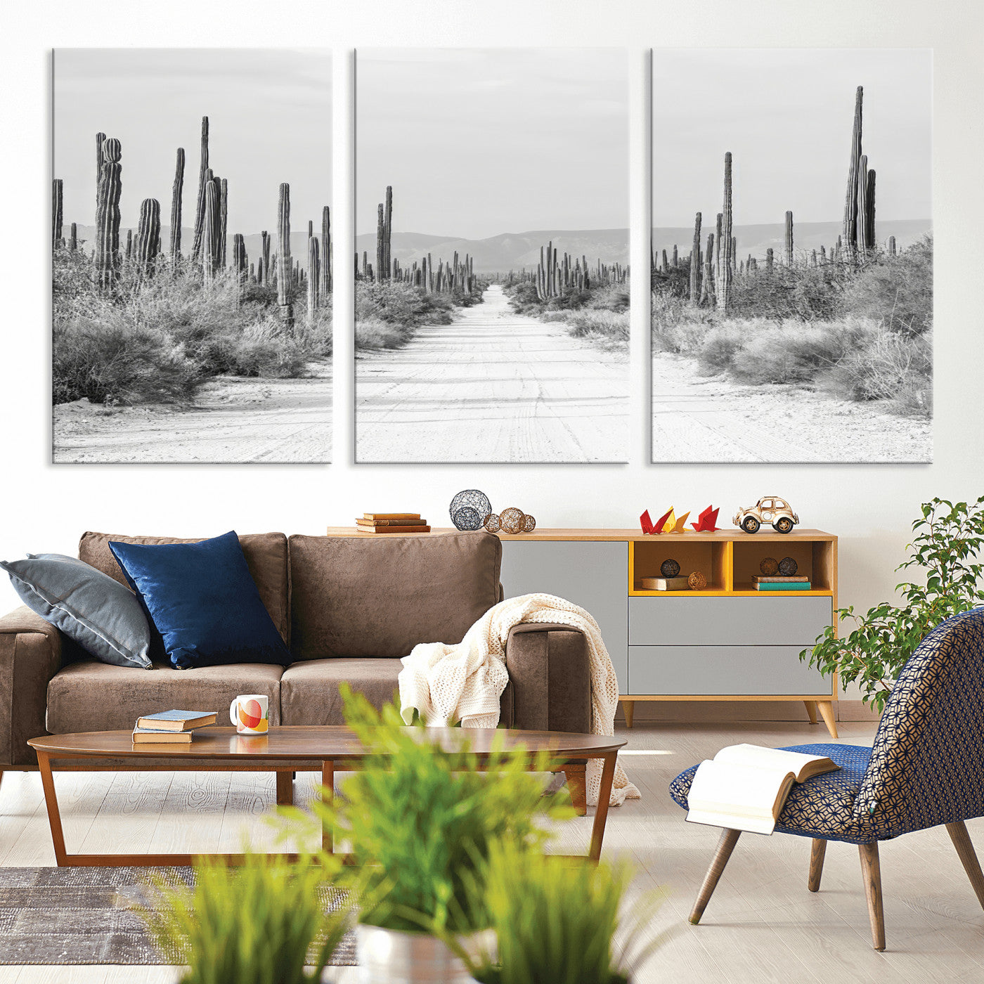 35537313-MGV-CV-36X24-Monochrome Desert Wall Art Canvas Print, Framed Cactus Path Art Picture Print, Southwestern Landscape Perfect Southwestern
