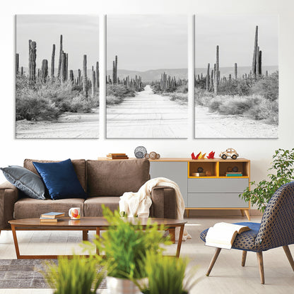 35537313-MGV-CV-36X24-Monochrome Desert Wall Art Canvas Print, Framed Cactus Path Art Picture Print, Southwestern Landscape Perfect Southwestern