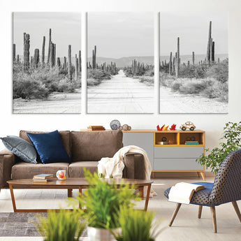 35537313-MGV-CV-36X24-Monochrome Desert Wall Art Canvas Print, Framed Cactus Path Art Picture Print, Southwestern Landscape Perfect Southwestern
