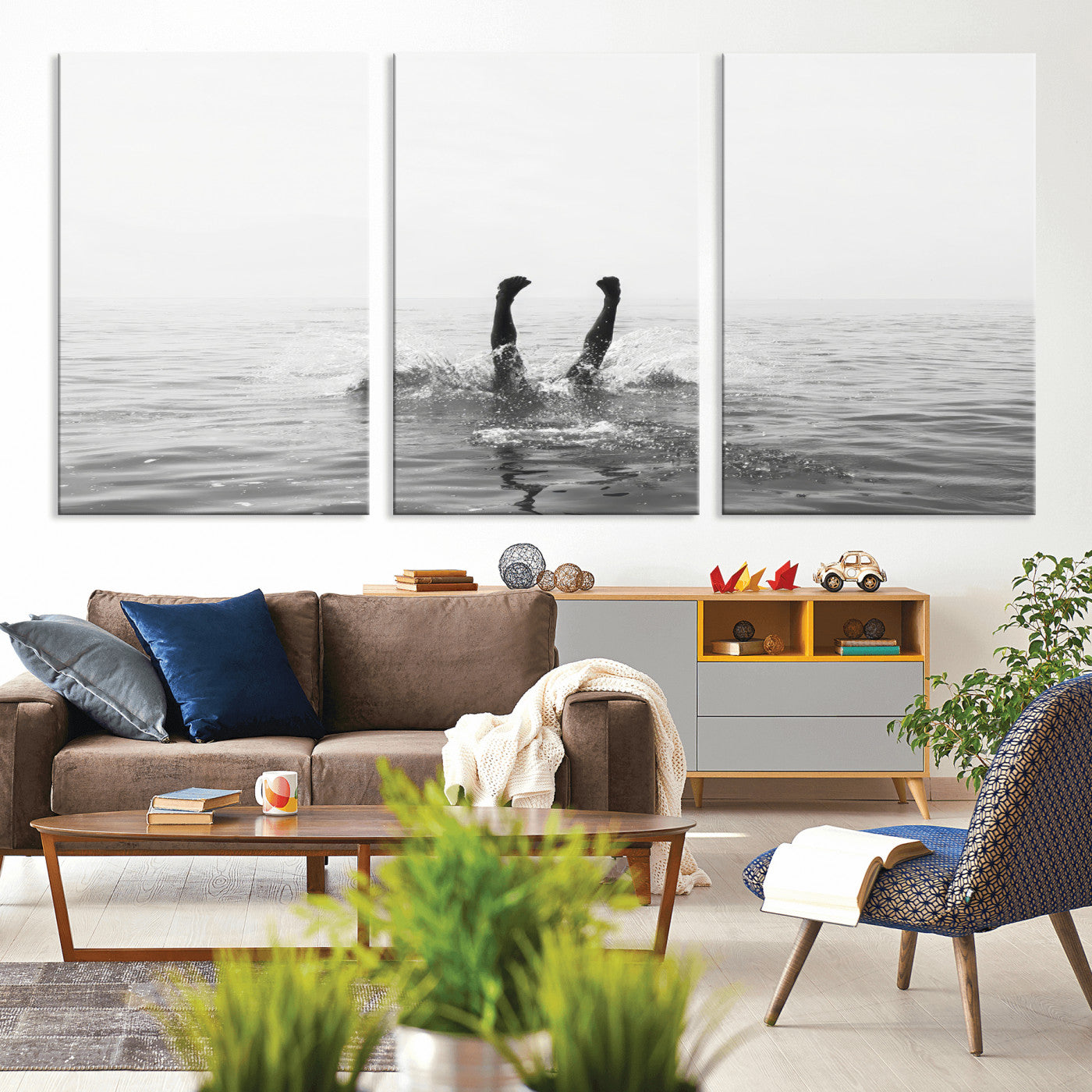 26667396-MGV-CV-36X24-Black White Ocean Wall Art Canvas Print, Framed Monochrome Water Art Picture Print, Diving into Water Perfect Minimalist Aquatic