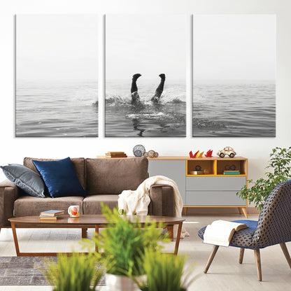 26667396-MGV-CV-36X24-Black White Ocean Wall Art Canvas Print, Framed Monochrome Water Art Picture Print, Diving into Water Perfect Minimalist Aquatic