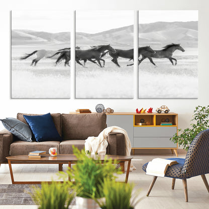 69934913-MGV-CV-36X24-Wild Horses Running Wall Art Canvas Print, Framed Black White Mustangs Art Picture Print, Rustic Western Perfect Rustic Western