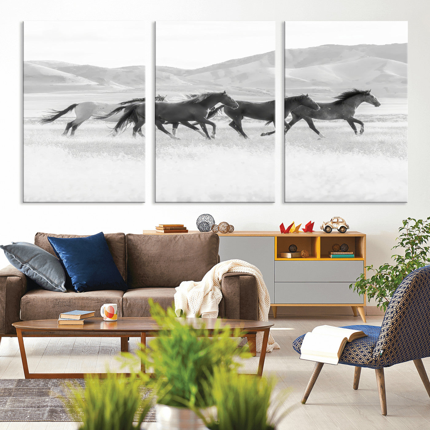69934913-MGV-CV-36X24-Wild Horses Running Wall Art Canvas Print, Framed Black White Mustangs Art Picture Print, Rustic Western Perfect Rustic Western