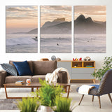 70644906-MGV-CV-36X24-Sunset Surfing Wall Art Canvas Print, Framed Misty Mountains Art Picture Print, Surfer Riding Wave Perfect Coastal Adventure Decor