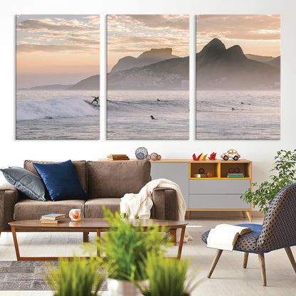 70644906-MGV-CV-36X24-Sunset Surfing Wall Art Canvas Print, Framed Misty Mountains Art Picture Print, Surfer Riding Wave Perfect Coastal Adventure Decor