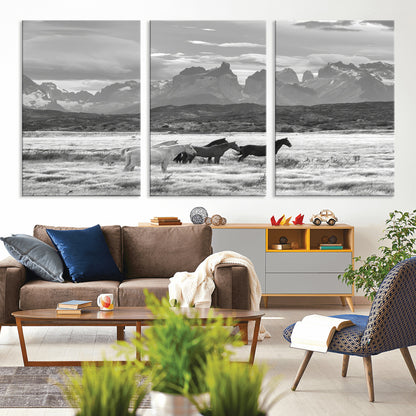 21655040-MGV-CV-36X24-Wild Horses Wall Art Canvas Print, Framed Black White Mountains Art Picture Print, Rustic Countryside Perfect Rustic Western Decor