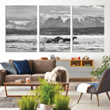 21655040-MGV-CV-36X24-Wild Horses Wall Art Canvas Print, Framed Black White Mountains Art Picture Print, Rustic Countryside Perfect Rustic Western Decor