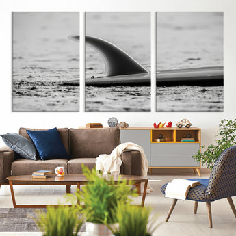 62314230-MGV-CV-36X24-Black White Surfboard Wall Art Canvas Print, Framed Minimalist Beach Art Picture Print, Surf Fin Perfect Minimalist Coastal Decor