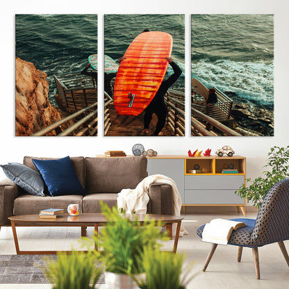 84555848-MGV-CV-36X24-Surfer Stairway Wall Art Canvas Print, Framed Ocean Surf Art Picture Print, Sunset Coastal Perfect Coastal Adventure Decor Artwork