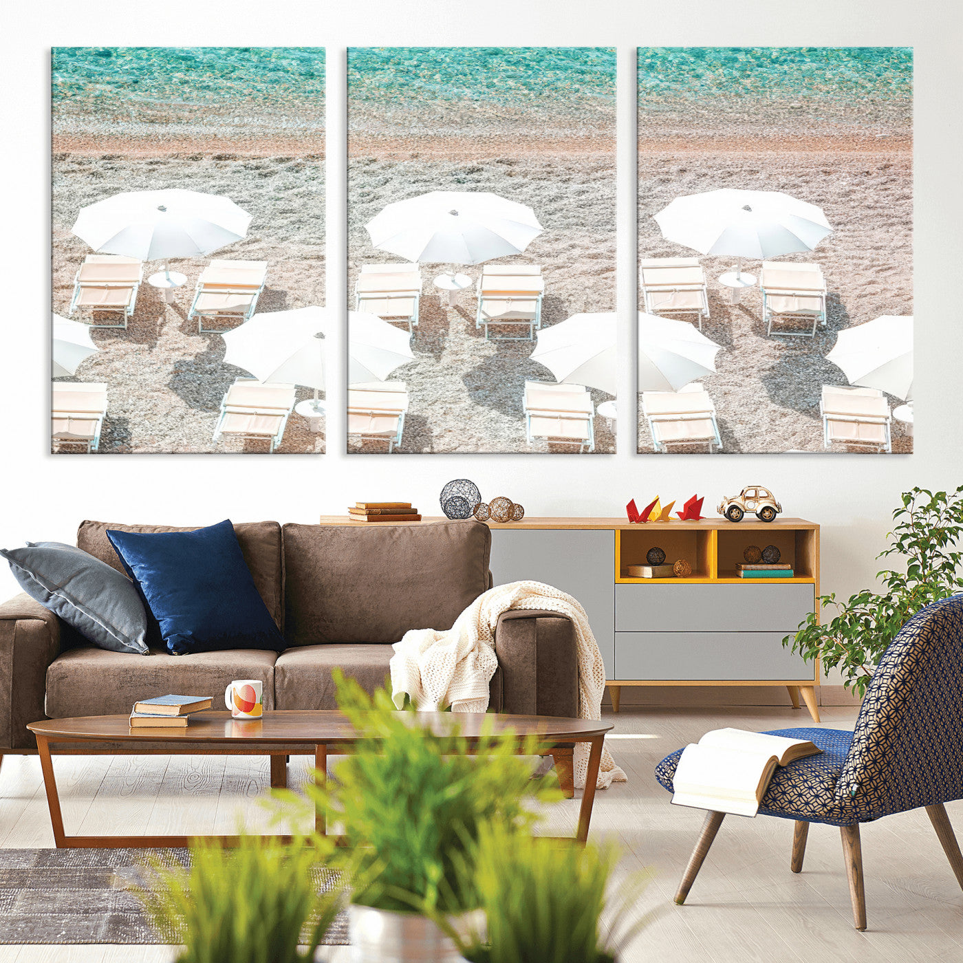 83736167-MGV-CV-36X24-Calm Beach Wall Art Canvas Print, Framed Turquoise Water Art Picture Print, Umbrella Shoreline Perfect Coastal Minimalist Decor