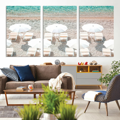 83736167-MGV-CV-36X24-Calm Beach Wall Art Canvas Print, Framed Turquoise Water Art Picture Print, Umbrella Shoreline Perfect Coastal Minimalist Decor