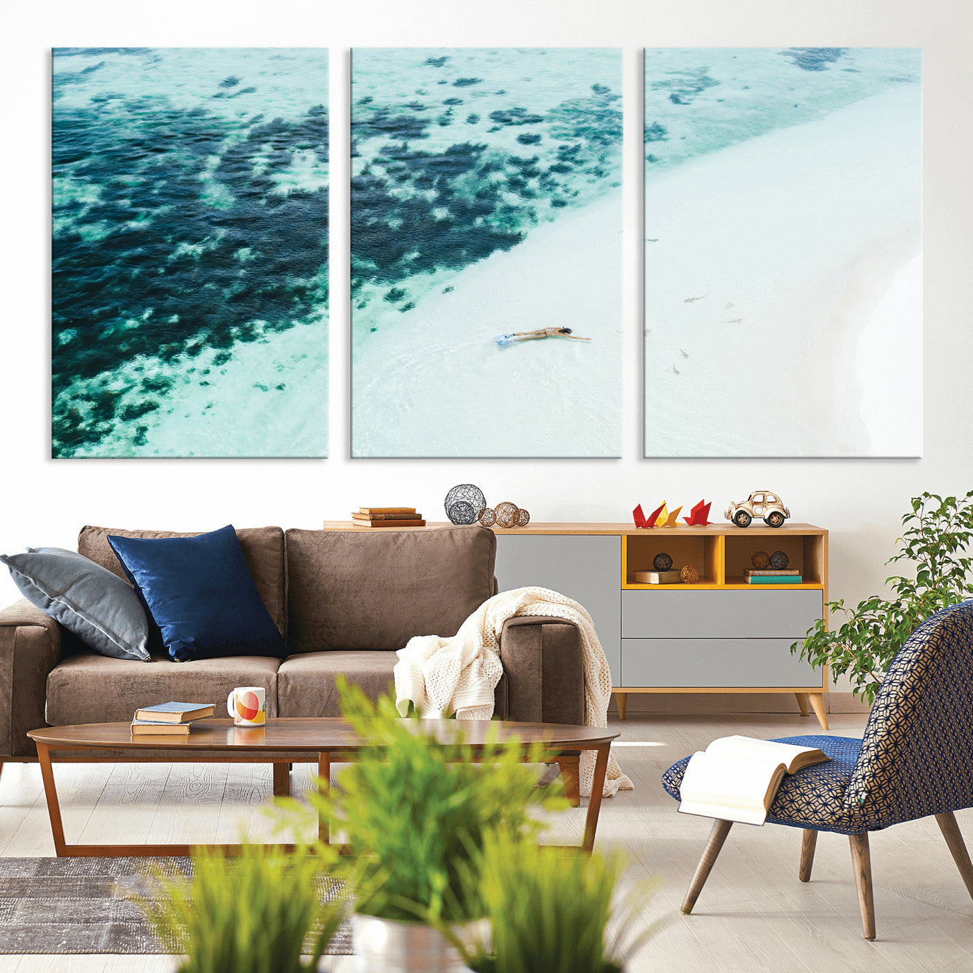 33764764-MGV-CV-36X24-Minimal Beach Wall Art Canvas Print, Framed Ocean Swimming Art Picture Print, Clear Ocean Perfect Minimal Coastal Decor Artwork