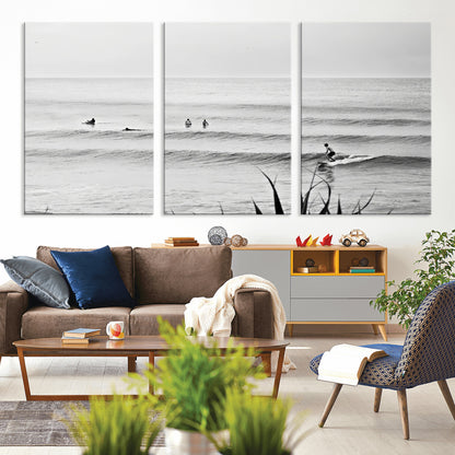 33821421-MGV-CV-36X24-Surfer Silhouette Wall Art Canvas Print, Framed Calm Ocean Art Picture Print, Monochrome Surf Perfect Minimalist Coastal Decor