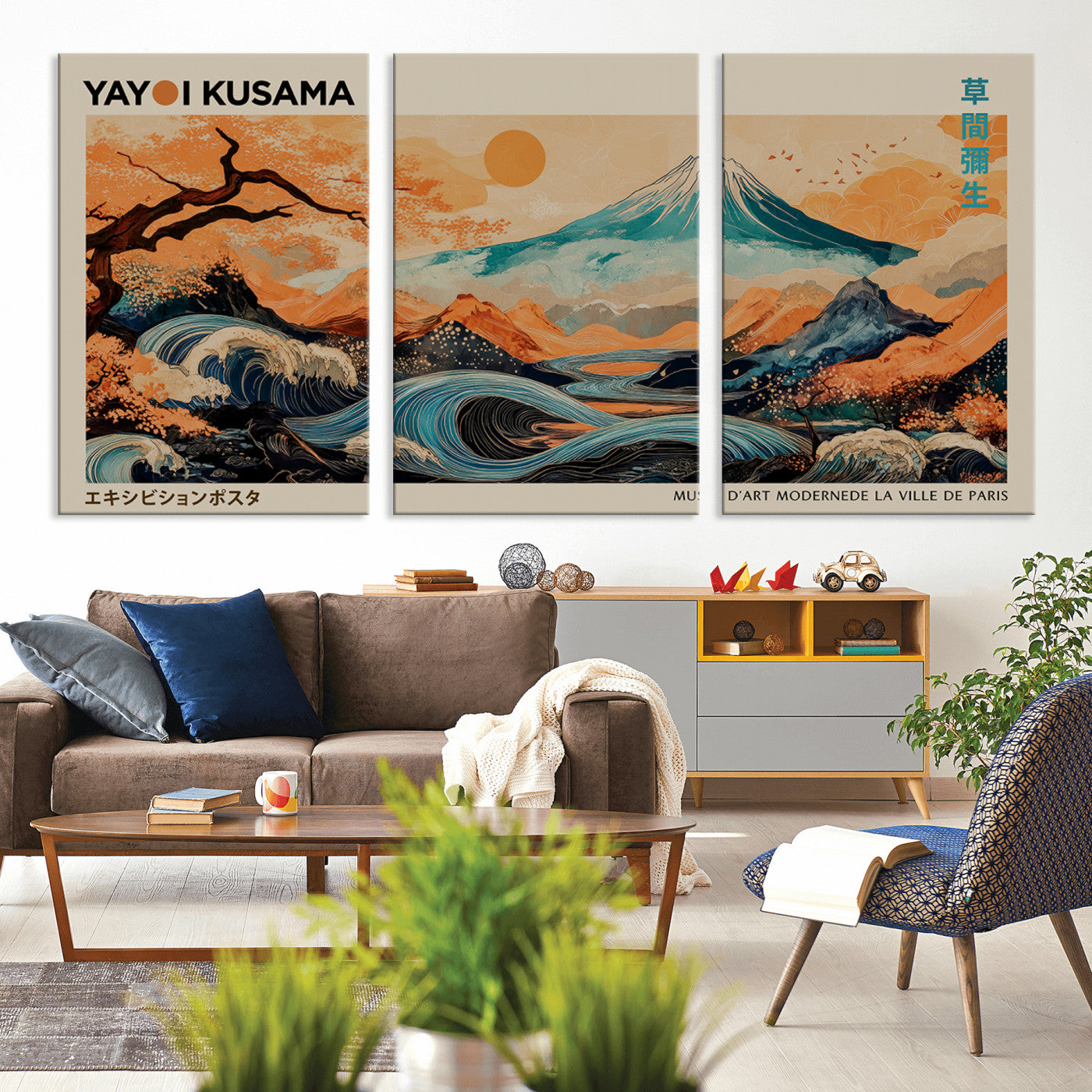22373530-MGV-CV-36X24-Japanese Mt Fuji Wave Art Print – Ukiyo e Inspired Sun & Cherry Blossom Poster, Traditional Asian Landscape Painting, Modern