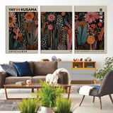 28344895-MGV-CV-36X24-Dark Floral Abstract Wall Art Poster – Modern Botanical Canvas Print with Beige Border, Kusama Inspired Boho Flower Painting,
