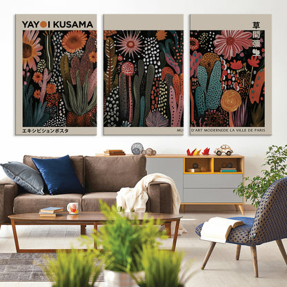 28344895-MGV-CV-36X24-Dark Floral Abstract Wall Art Poster – Modern Botanical Canvas Print with Beige Border, Kusama Inspired Boho Flower Painting,