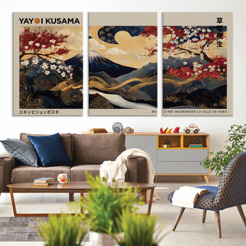 54967195-MGV-CV-36X24-Mount Fuji Wall Art – Japanese Cherry Blossom Abstract Canvas Print, Navy Gold Landscape Painting, Oriental Luxury Home Decor