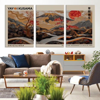 77970791-MGV-CV-36X24-Mount Fuji Golden Abstract Wall Art – Japanese Landscape Canvas Poster, Cherry Blossom & Red Sun Painting, Elegant Zen Oriental