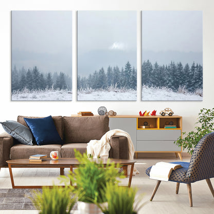 33033082-MGV-CV-36X24-Winter Forest Art Wall Art Canvas Print, Framed Snowy Landscape Art Picture Print, Misty Tree Scene Perfect Nordic Minimalist