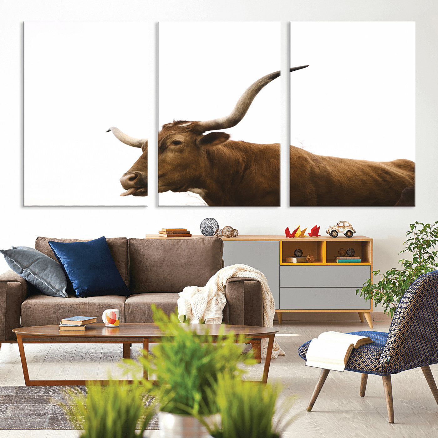 62566114-MGV-CV-60X30-3P-Longhorn Cow Art Wall Art Canvas Print, Framed Rustic Animal Decor Art Picture Print, Texas Bull Photo Perfect Rustic Farmhouse