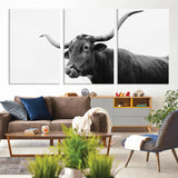99244177-MGV-CV-36X24-Longhorn Photography Wall Art Canvas Print, Framed Western Cow Decor Art Picture Print, Black White Bull Perfect Modern Rustic