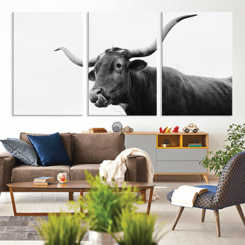 99244177-MGV-CV-36X24-Longhorn Photography Wall Art Canvas Print, Framed Western Cow Decor Art Picture Print, Black White Bull Perfect Modern Rustic