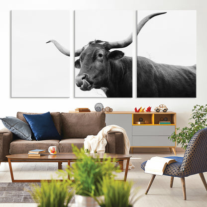 99244177-MGV-CV-36X24-Longhorn Photography Wall Art Canvas Print, Framed Western Cow Decor Art Picture Print, Black White Bull Perfect Modern Rustic