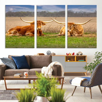 97244565-MGV-CV-36X24-Longhorn Duo Wall Art Canvas Print, Framed Cozy Ranch Vibes Art Picture Print, Western Ranch Decor Perfect Rustic Farmhouse Decor