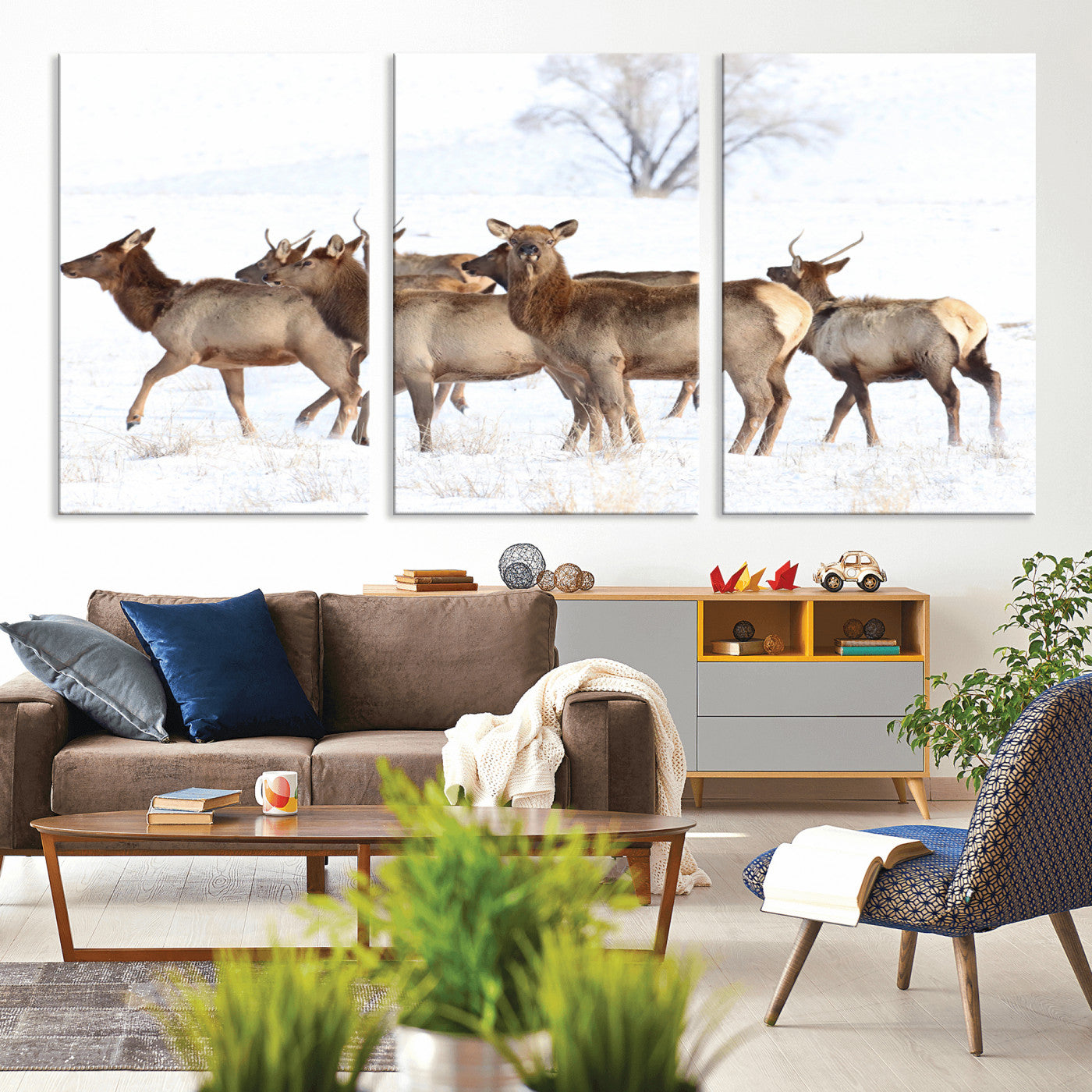 68738684-MGV-CV-36X24-Winter Elk Scene Wall Art Canvas Print, Framed Wildlife Photography Art Picture Print, Snowy Deer Decor Perfect Rustic Lodge Decor