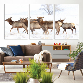 68738684-MGV-CV-36X24-Winter Elk Scene Wall Art Canvas Print, Framed Wildlife Photography Art Picture Print, Snowy Deer Decor Perfect Rustic Lodge Decor