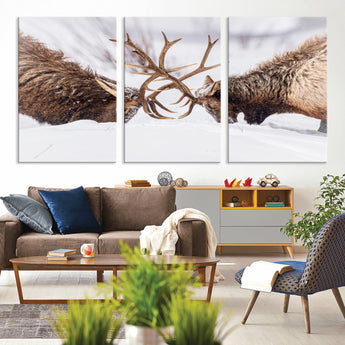 36507609-MGV-CV-36X24-Elk Clash Scene Wall Art Canvas Print, Framed Wildlife Strength Decor Art Picture Print, Snowy Forest Elk Perfect Rustic Lodge