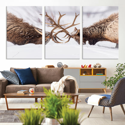 36507609-MGV-CV-36X24-Elk Clash Scene Wall Art Canvas Print, Framed Wildlife Strength Decor Art Picture Print, Snowy Forest Elk Perfect Rustic Lodge