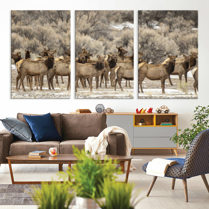 90269422-MGV-CV-36X24-Elk Herd Scene Wall Art Canvas Print, Framed Rustic Wildlife Decor Art Picture Print, Western Cabin Style Perfect Rustic Lodge