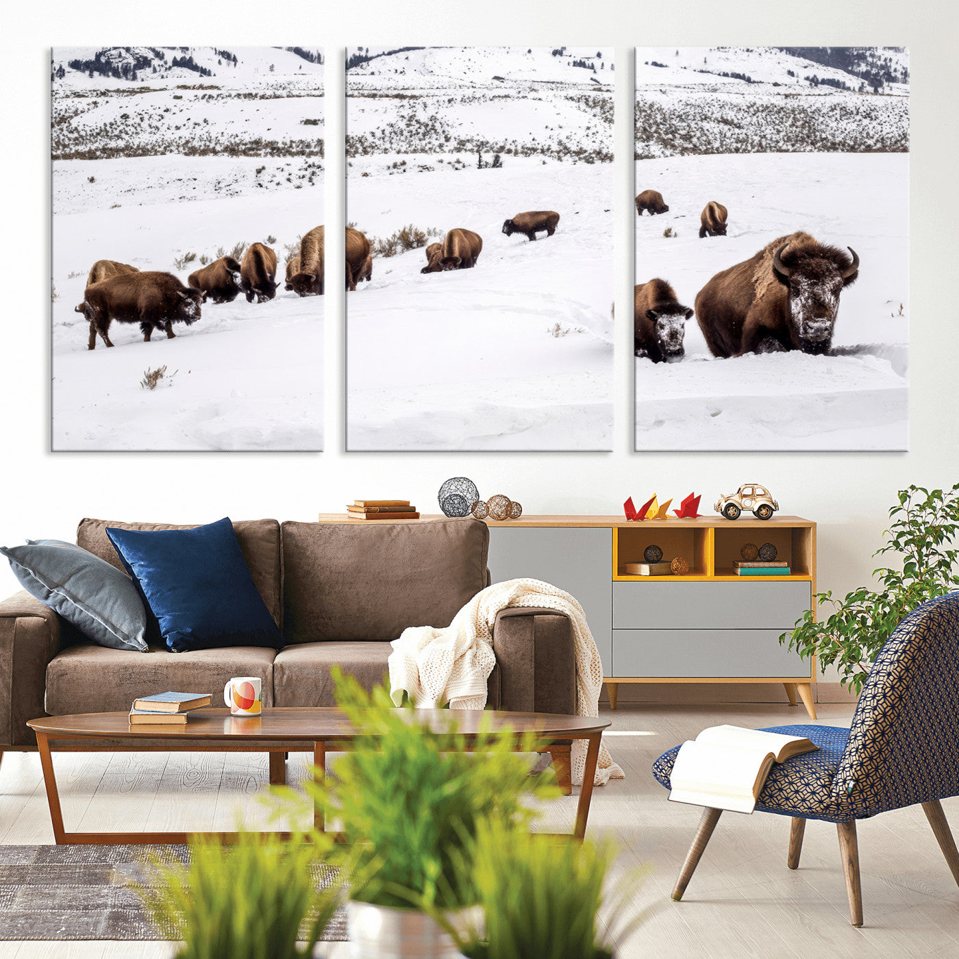 13891210-MGV-CV-36X24-Bison Herd Scene Wall Art Canvas Print, Framed Western Wildlife Decor Art Picture Print, Snowy Mountain Valley Perfect Rustic