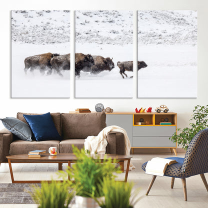 56216945-MGV-CV-36X24-Bison Herd Decor Wall Art Canvas Print, Framed Snowy Bison Scene Art Picture Print, Winter Wildlife Theme Perfect Rustic Western
