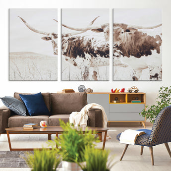 48161868-MGV-CV-36X24-Longhorn Cow Decor Wall Art Canvas Print, Framed Rustic Cattle Art Picture Print, Sepia Western Vibe Perfect Neutral Rustic