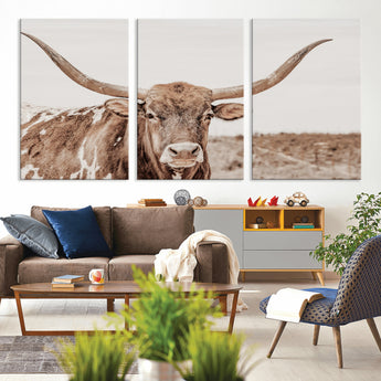 77810049-MGV-CV-36X24-Longhorn Bull Photo Wall Art Canvas Print, Framed Rustic Cow Decor Art Picture Print, Neutral Farmhouse Style Perfect Rustic