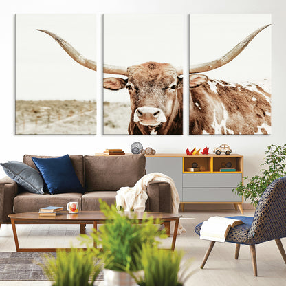 98924580-MGV-CV-36X24-Texas Longhorn Bull Wall Art Canvas Print, Framed Rustic Farmhouse Decor Art Picture Print, Western Animal Theme Perfect Rustic