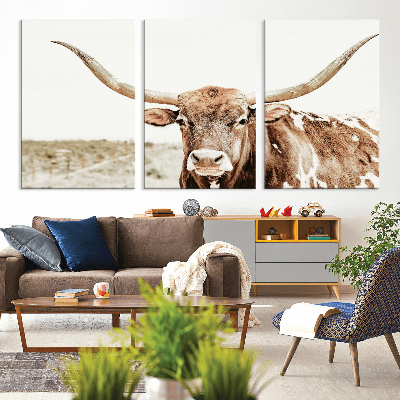 98924580-MGV-CV-36X24-Texas Longhorn Bull Wall Art Canvas Print, Framed Rustic Farmhouse Decor Art Picture Print, Western Animal Theme Perfect Rustic