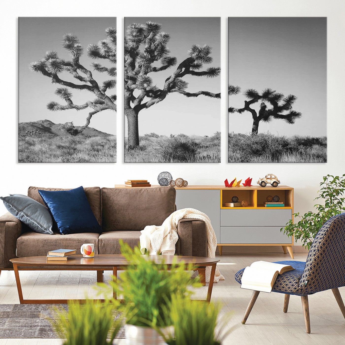 93692513-MGV-CV-36X24-Joshua Tree Wall Art Canvas Print, Framed Monochrome Desert Art Picture Print, Minimalist Nature Scene Perfect Southwestern