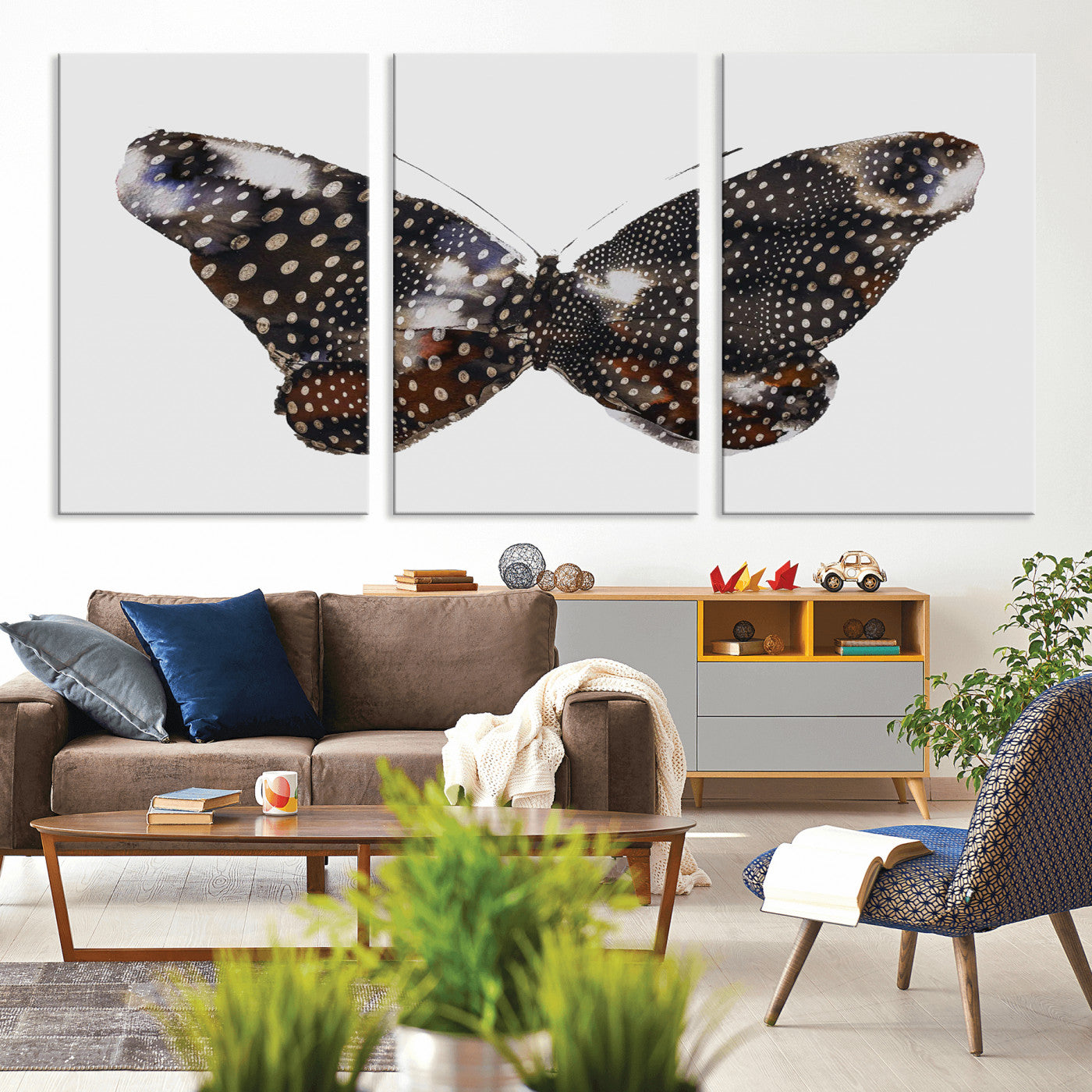 99831147-MGV-CV-36X24-Spotted Butterfly Wall Art Canvas Print, Framed Neutral Insect Theme Art Picture Print, Earthy Wing Pattern Perfect Modern Rustic