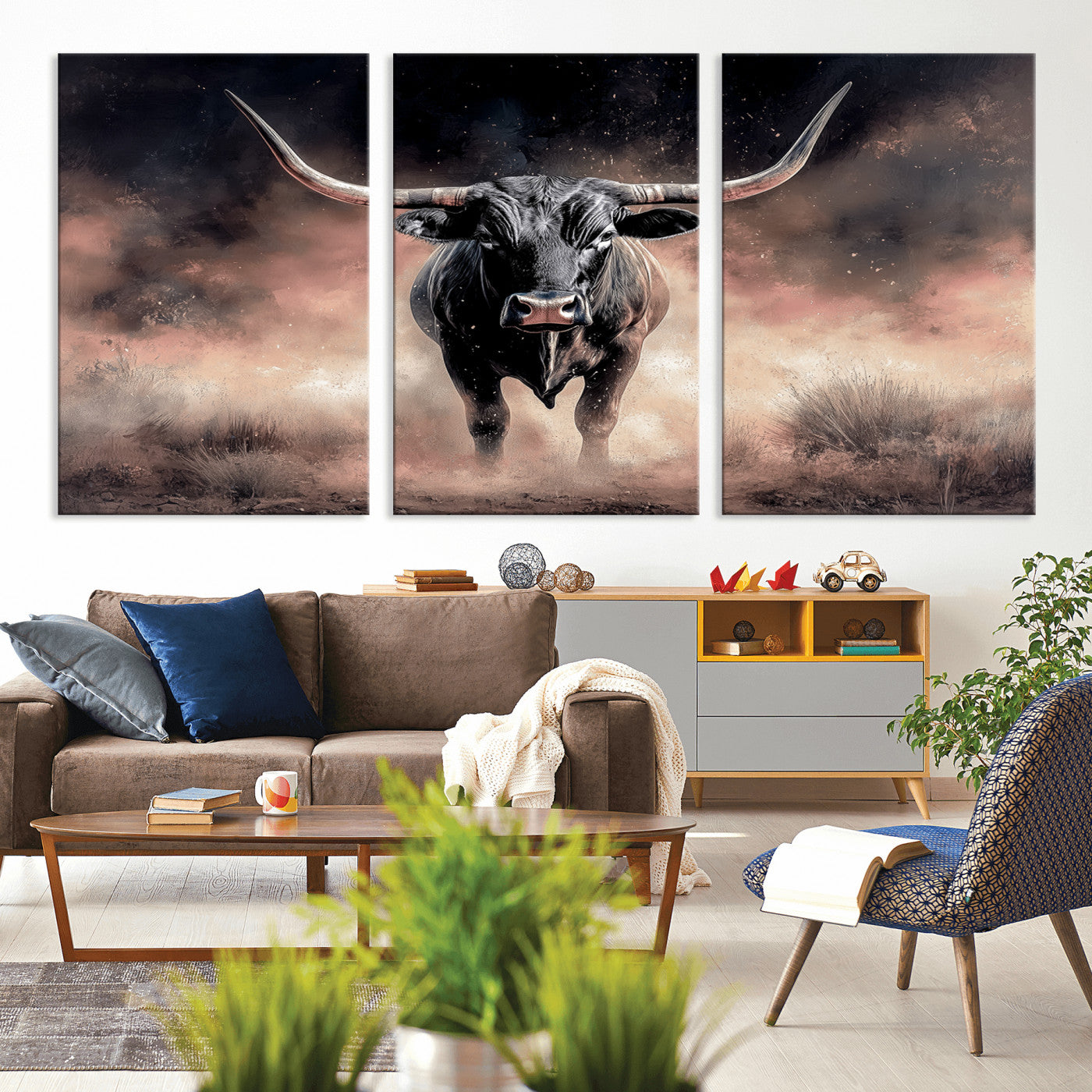 71457818-MGV-CV-36X24-Longhorn Wall Art Wall Art Canvas Print, Framed Western Bull Canvas Art Picture Print, Rustic Cow Decor Perfect Western Dramatic