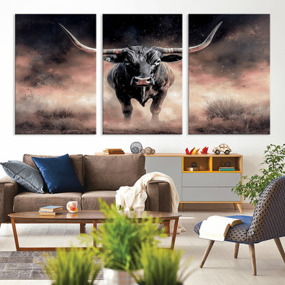 71457818-MGV-CV-36X24-Longhorn Wall Art Wall Art Canvas Print, Framed Western Bull Canvas Art Picture Print, Rustic Cow Decor Perfect Western Dramatic