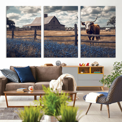 51092814-MGV-CV-36X24-Texas Longhorn Wall Art Wall Art Canvas Print, Framed Rustic Barn Canvas Art Picture Print, Farmhouse Cow Decor Perfect Rustic