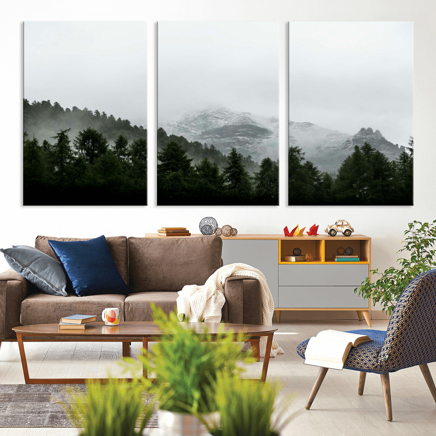 55968349-MGV-CV-36X24-Misty Mountains Wall Art Canvas Print, Framed Foggy Forest Art Picture Print, Snowy Peaks Perfect Moody Wilderness Decor Artwork