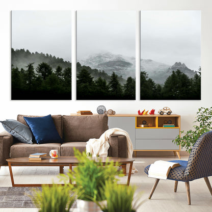 55968349-MGV-CV-36X24-Misty Mountains Wall Art Canvas Print, Framed Foggy Forest Art Picture Print, Snowy Peaks Perfect Moody Wilderness Decor Artwork
