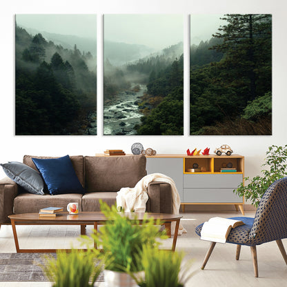 48497565-MGV-CV-36X24-Misty Forest Wall Art Canvas Print, Framed Foggy River Art Picture Print, Moody Landscape Perfect Moody Wilderness Decor Artwork